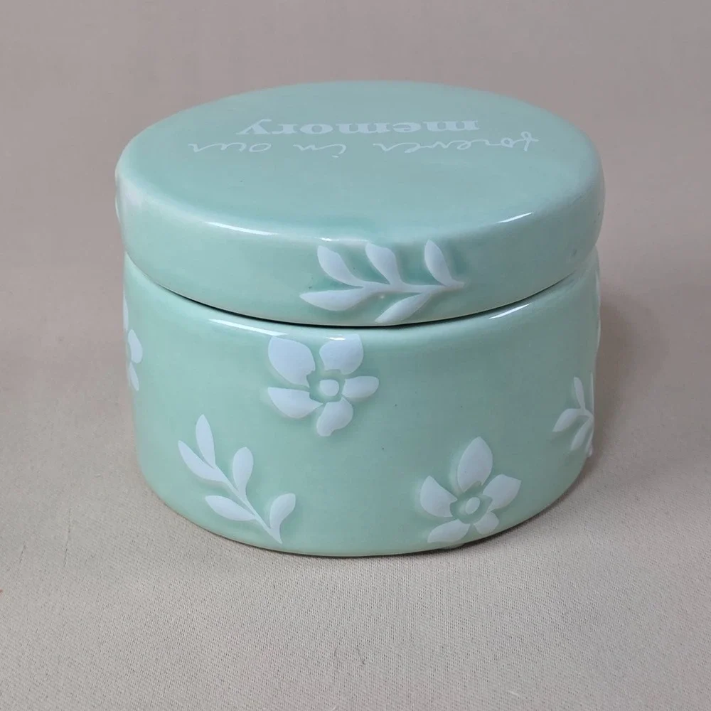Sandra Magsamen Forever In Our Memory Keepsake Jar Memorial Pet Urn Floral Mint